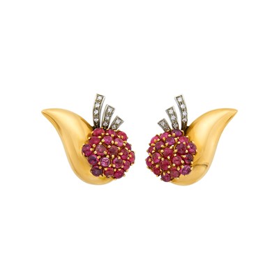 Lot 1086 - Pair of Rose Gold, Palladium, Cabochon Ruby and Diamond Earclips