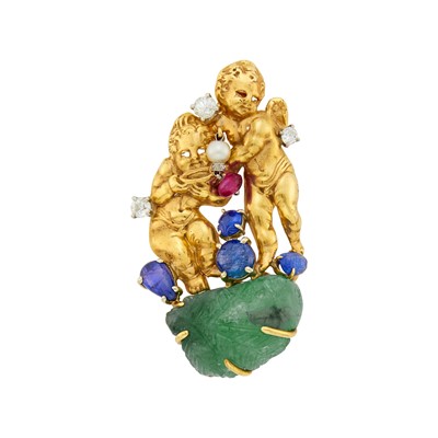 Lot 193 - Seaman Schepps Gold, Carved Colored Stone, Diamond and Cultured Pearl Cherub Clip-Brooch