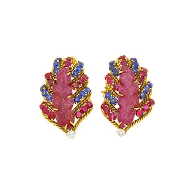 Lot 199 - David Webb Pair of Gold, Carved Ruby, Gem-Set and Diamond Earclips