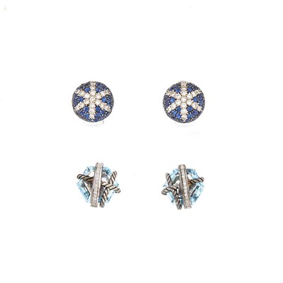 Lot 2186 - David Yurman Pair of Silver, Blue Topaz and Diamond Earrings and Pair of White Gold, Sapphire and Diamond Earrings