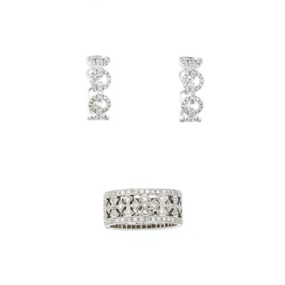 Lot 2189 - Wide White Gold and Diamond Band Ring and Pair of White Gold and Diamond Hoop Earrings