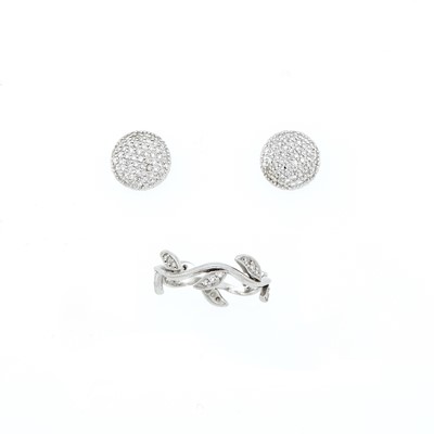 Lot 2201 - Platinum and Diamond Leaf Band Ring and Pair of White Gold and Diamond Button Earrings
