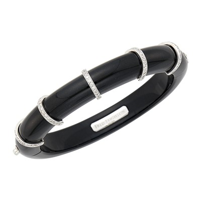 Lot 1057 - Fred Leighton Black Jade, White Gold and Diamond Bangle Bracelet