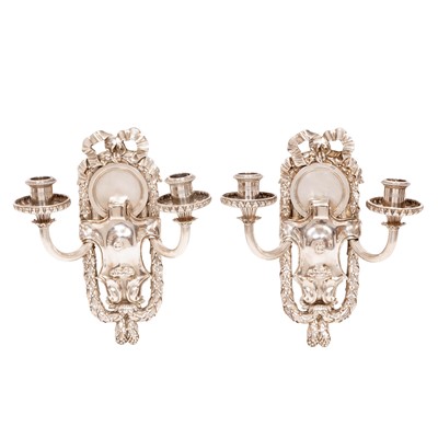 Lot 157 - Pair of E.F. Caldwell Neoclassical Style Silver Plated Two-Light Sconces