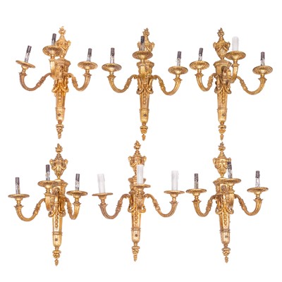 Lot 277 - Set of Six Louis XVI Style Gilt-Metal Three-Light Sconces