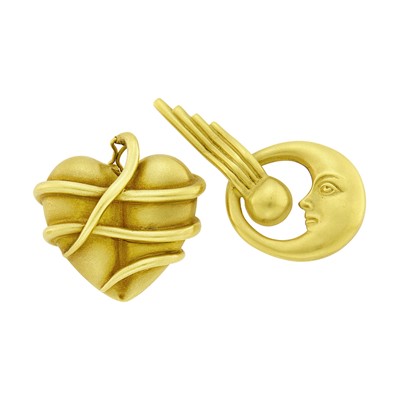 Lot 21 - Barry Kieselstein-Cord Gold Heart Enhancer and Moon and Comet Brooch