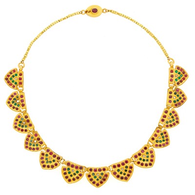 Lot 1201 - Indian High Karat Gold, Emerald, Ruby and Diamond Necklace