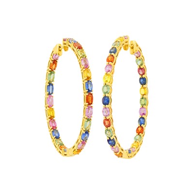 Lot 96 - Pair of Gold and Multicolored Sapphire Hoop Earrings