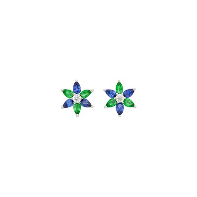 Lot 1126 - Pair of Platinum, Sapphire, Emerald and Diamond Floret Earrings