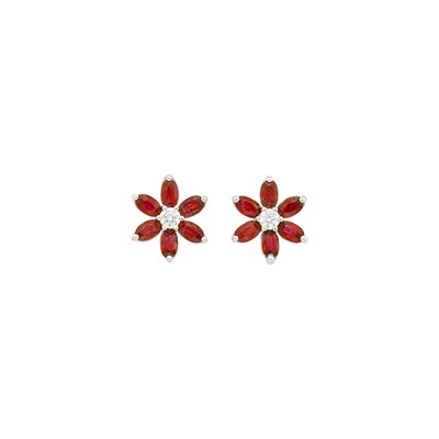 Lot 57 - Pair of Platinum, Ruby and Diamond Floret Earrings