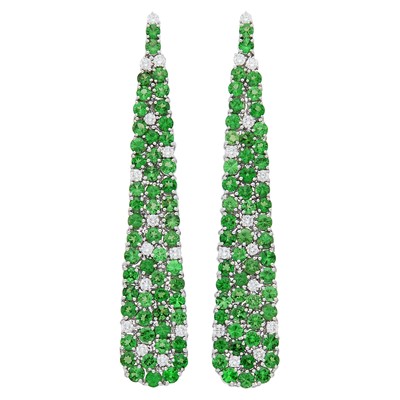 Lot 1123 - Pair of White Gold, Tsavorite Garnet and Diamond Pendant-Earrings