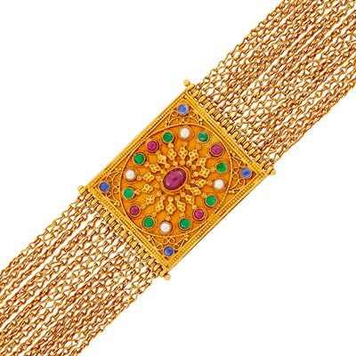Lot 1175 - Indian Multistrand Gold, Cabochon Colored Stone and Split Pearl Bracelet