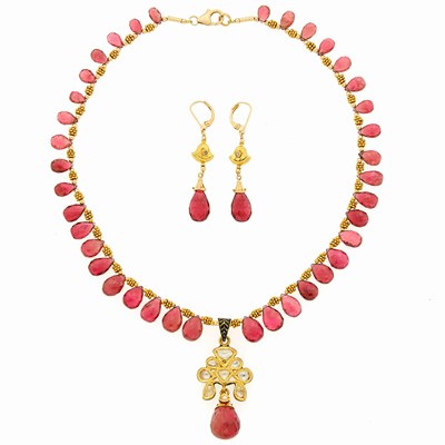 Lot 1195 - Indian High Karat Gold, Gold, Pink Tourmaline Bead, Foil-Backed Diamond and Jaipur Enamel Pendant-Necklace and Pair of Pendant-Earrings