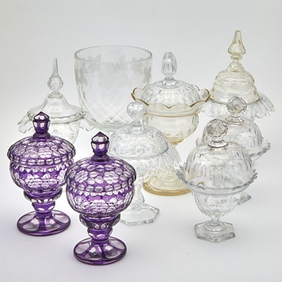 Lot 64 - Group of English and Bohemian Style Molded, Cut and Wheel-Engraved Glass Table Articles