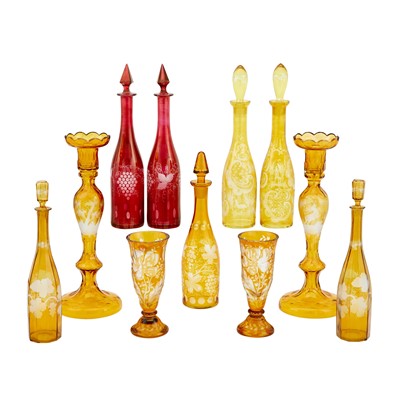Lot 65 - Group of Bohemian Style Amber or Ruby Flashed Glass Table Articles