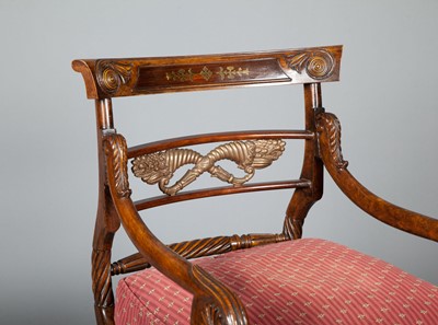 Lot 298 - Regency Style Brass Inlaid Stained Wood Armchair