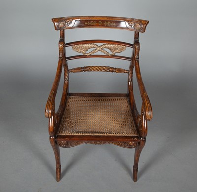 Lot 298 - Regency Style Brass Inlaid Stained Wood Armchair