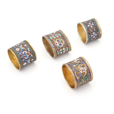 Lot 138 - Group of Four Russian Silver-Gilt and Cloisonné Enamel Napkin Rings