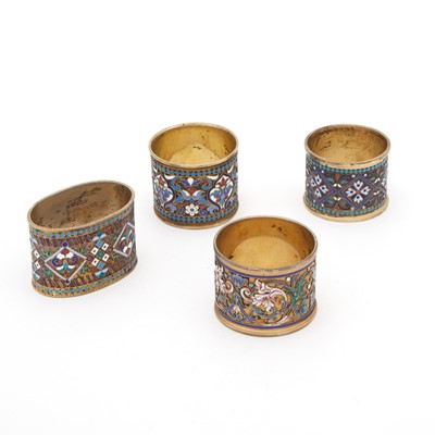 Lot 138 - Group of Four Russian Silver-Gilt and Cloisonné Enamel Napkin Rings