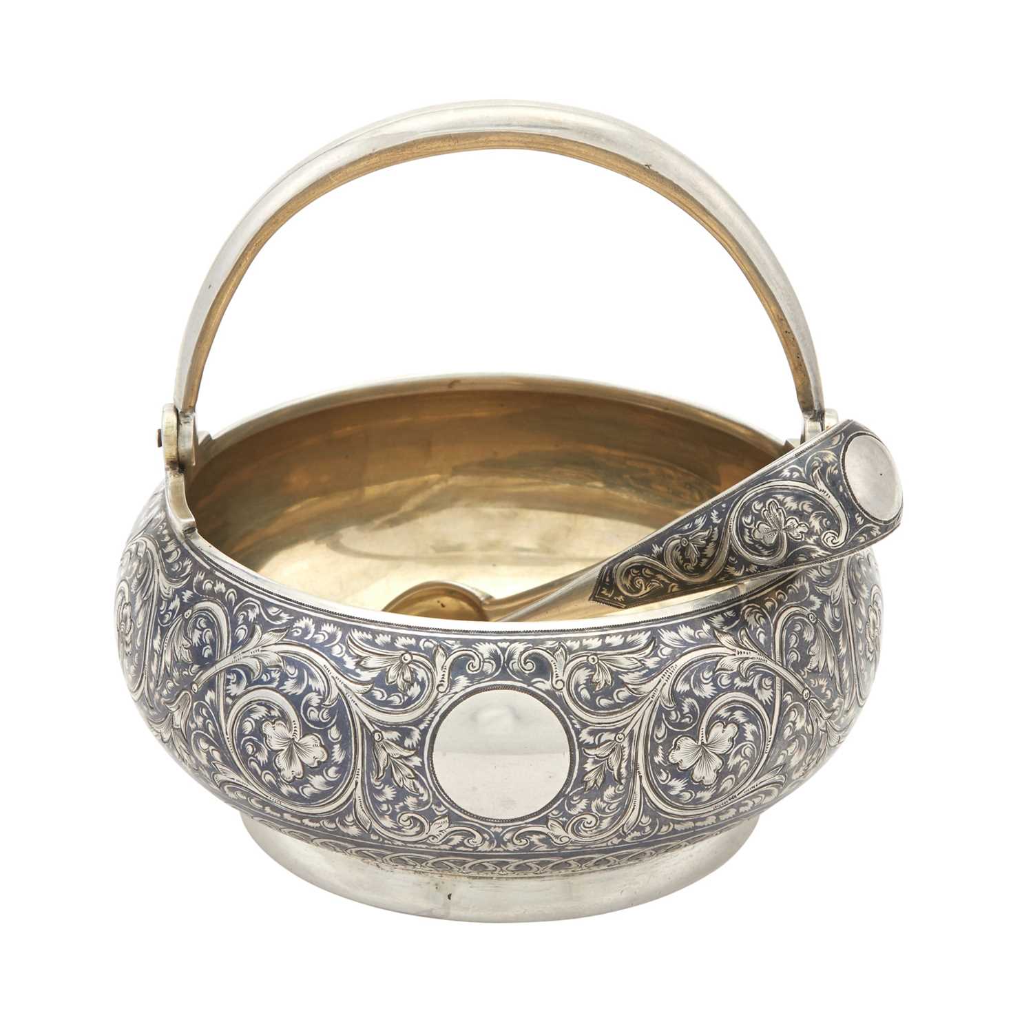 Lot 17 - Russian Parcel-Gilt Silver and Niello Sugar Bowl and Sugar Tongs