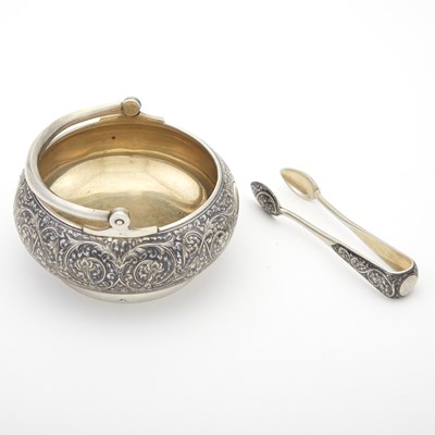 Lot 17 - Russian Parcel-Gilt Silver and Niello Sugar Bowl and Sugar Tongs