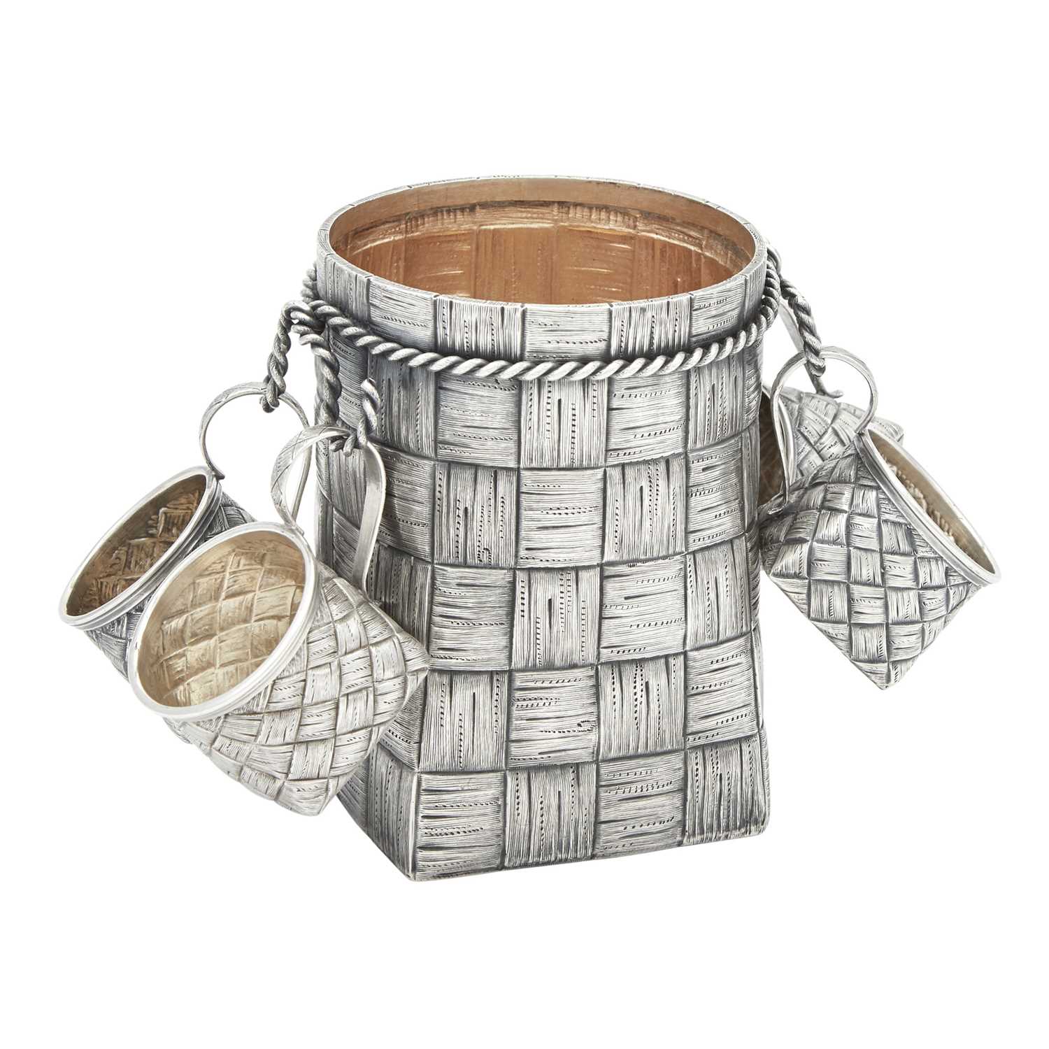 Lot 26 - Russian Silver Trompe l’oeil Vodka Bottle Holder and Set of Four Cups