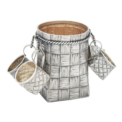 Lot 26 - Russian Silver Trompe l’oeil Vodka Bottle Holder and Set of Four Cups
