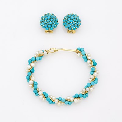 Lot 1022 - Pair of Gold and Turquoise Earclips and Gold, Turquoise Bead and Cultured Pearl Bangle Bracelet