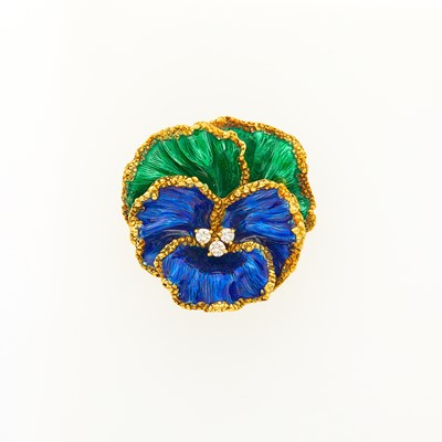 Lot 1016 - Gold, Blue and Green Enamel and Diamond Pansy Brooch