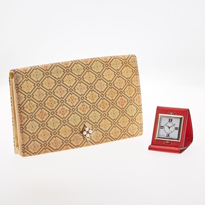 Lot 1261 - Mikimoto Fabric and Cultured Pearl Evening Bag and Verdura Steel Travel Clock