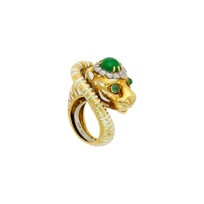 Lot 150 - David Webb Gold, Platinum, Cabochon Emerald, Diamond and White Enamel Tiger Ring