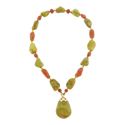 Lot 8 - Verdura Gold, Green Agate and Sponge Coral Bead Pendant-Necklace