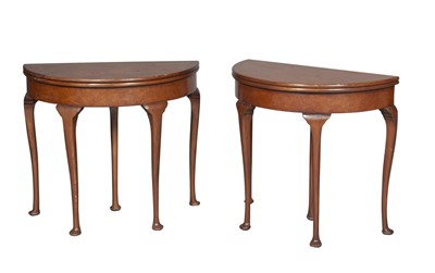 Lot 165 - Pair of Queen Anne Style Walnut and Amboyna Veneered Demilune Games Table