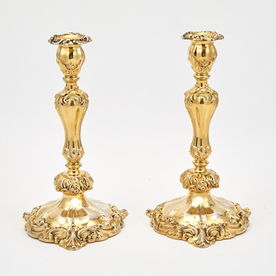 Lot 189 - Pair of English Sterling Silver Gilt Candlesticks