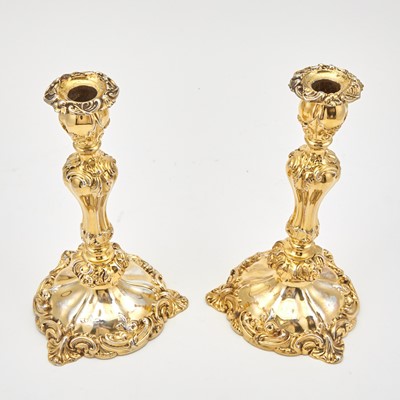 Lot 189 - Pair of English Sterling Silver Gilt Candlesticks