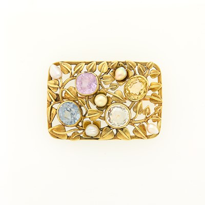 Lot 1147 - Arts and Crafts Green Gold, Multicolored Sapphire and Baroque Pearl Brooch