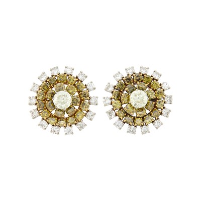 Lot 209 - Pair of Gold, Palladium, Diamond and Colored Diamond Earclips