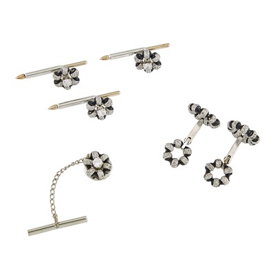 Lot 2084 - Platinum, Diamond and Black Enamel Dress Set