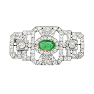 Lot 72 - Platinum, Gold, Emerald and Diamond Brooch