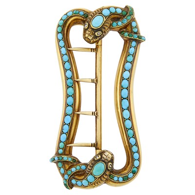 Lot 1070 - Antique Low Karat Gold, Turquoise and Diamond Serpent Belt Buckle