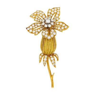 Lot 196 - Gold, Platinum and Diamond Flower Clip-Brooch, France