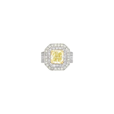 Lot 81 - White Gold, Fancy Light Yellow Diamond and Diamond Ring