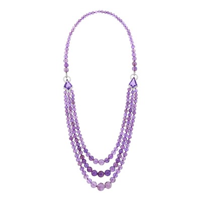 Lot 76 - Long Amethyst Bead, Platinum, White Gold and Diamond Swag Necklace, France