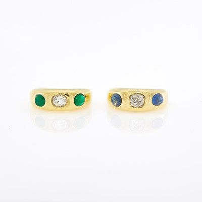 Lot 1015 - Pair of Gold, Diamond and Cabochon Emerald and Sapphire Gypsy Rings