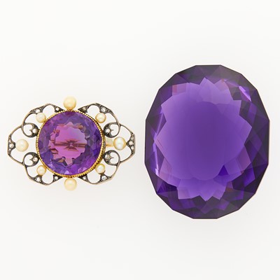 Lot 1142 - Antique Silver, Gold, Amethyst, Pearl and Diamond Brooch and Unmounted Amethyst