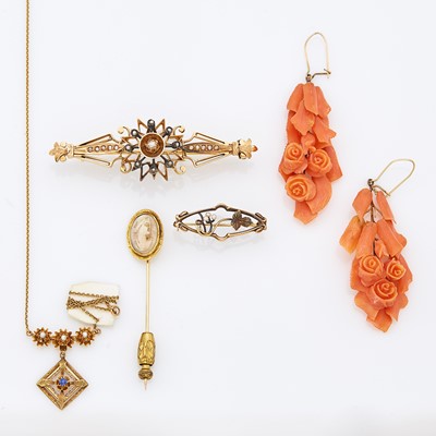 Lot 1250 - Group of Antique Gold Jewelry and Pair of Antique Carved Coral Pendant-Earrings