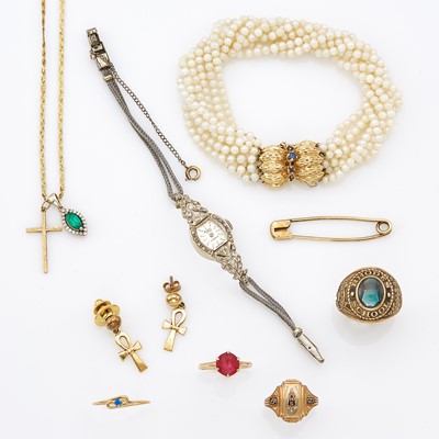 Lot 1247 - Group of Low Karat Gold, Two-Color Gold, Cultured Pearl and Synthetic Gem-Set Jewelry