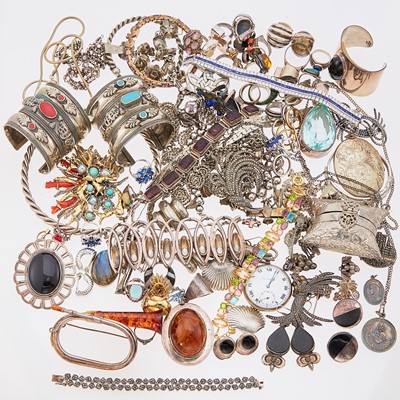 Lot 1262 - Group of Silver, Metal, Hardstone and Costume Jewelry and Gucci Coated Canvas Floral Bag