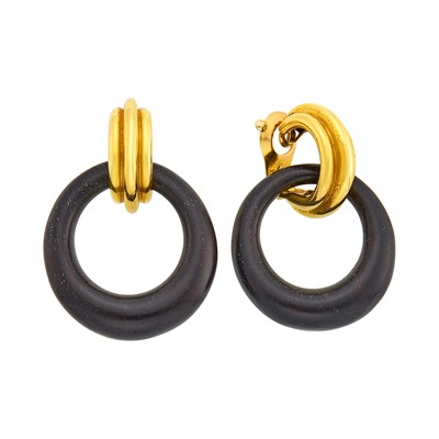 Lot 7 - Van Cleef & Arpels Pair of Gold and Wood Hoop Earclips, France