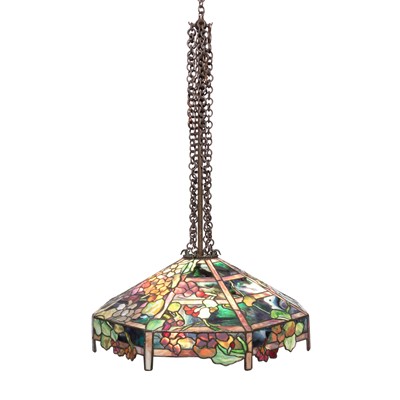 Lot 502 - Tiffany Studios Bronze and Leaded Glass Nasturtium Trellis Chandelier